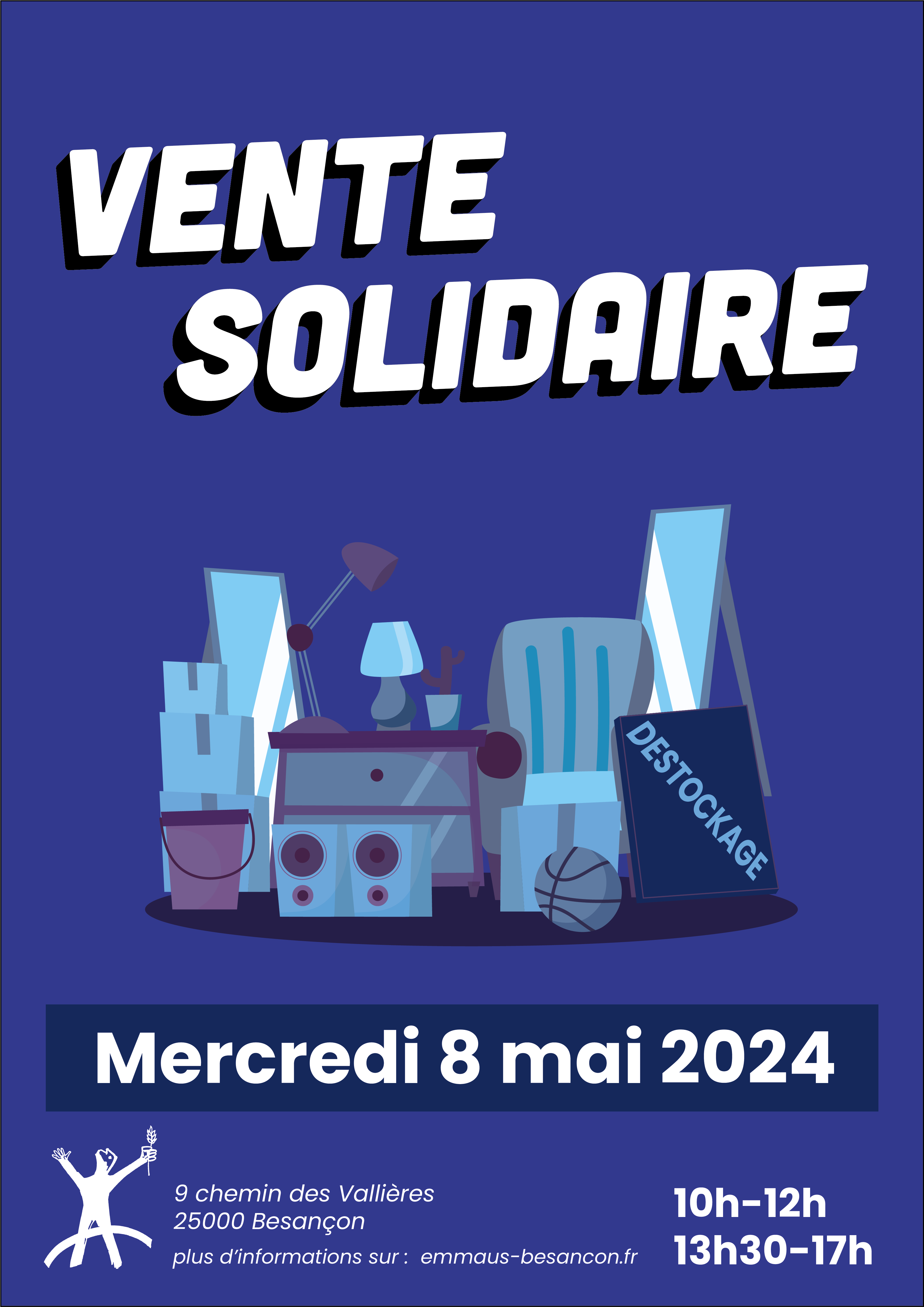 Affiche vente solidaire Emmaüs Besançon, mercredi 8 mai 2024